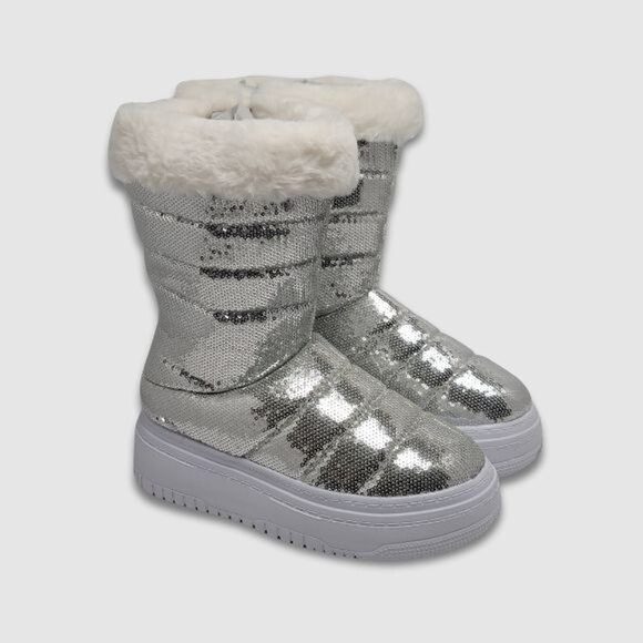 Fashion Nova Bella Silver Sequin Platform Winter Boots Faux Fur Side Zip Siz 9 - Picture 1 of 12